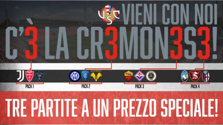 Cremonese, 4 pack da 3 partite a prezzo speciale: ci sono anche Juve e Inter